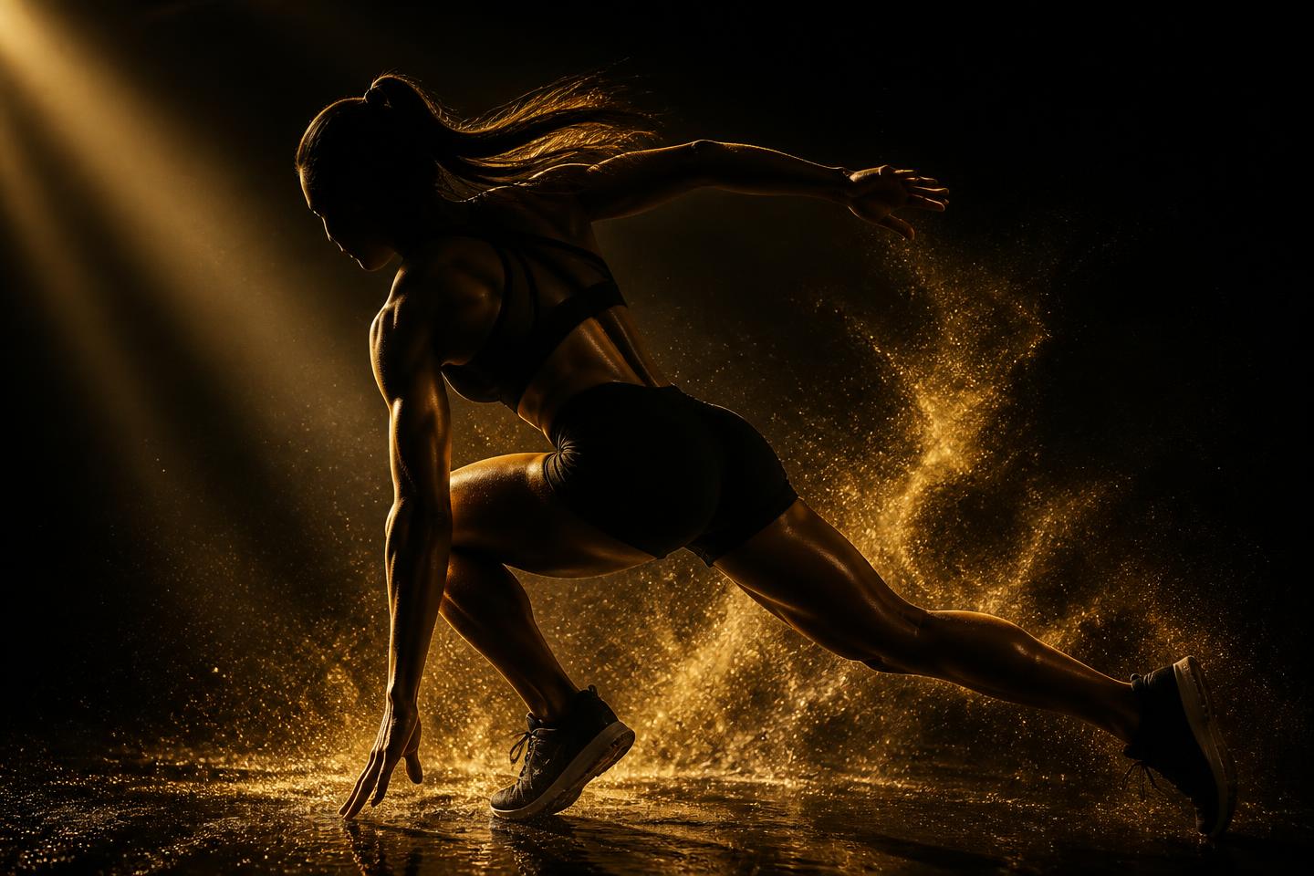 Atleta em movimento com iluminação dourada dramática